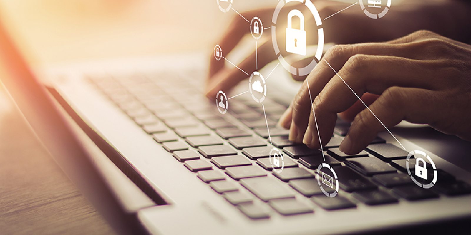 Business, technology, internet and networking concept. Young businesswoman working on his laptop in the office, select the icon security on the virtual display.