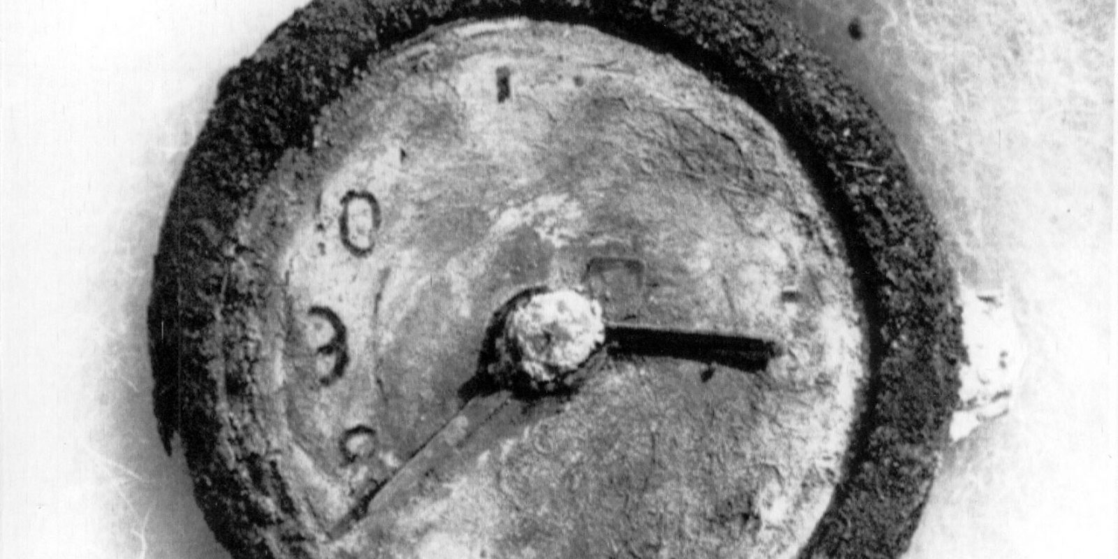 TIME STOPPED WITH THE ATOM BOMB - The Hiroshima atomic bomb explosion recorded at 8:15 a.m., August 06, 1945 on the remains of a wristwatch found in the ruins in this 1945 United Nations photo. The shadow of the small hand on the "8" of the watch was burned in from the blast, making it appear to be the big hand. (AP-Photo/ja/Yuichiro Sasaki/UN)