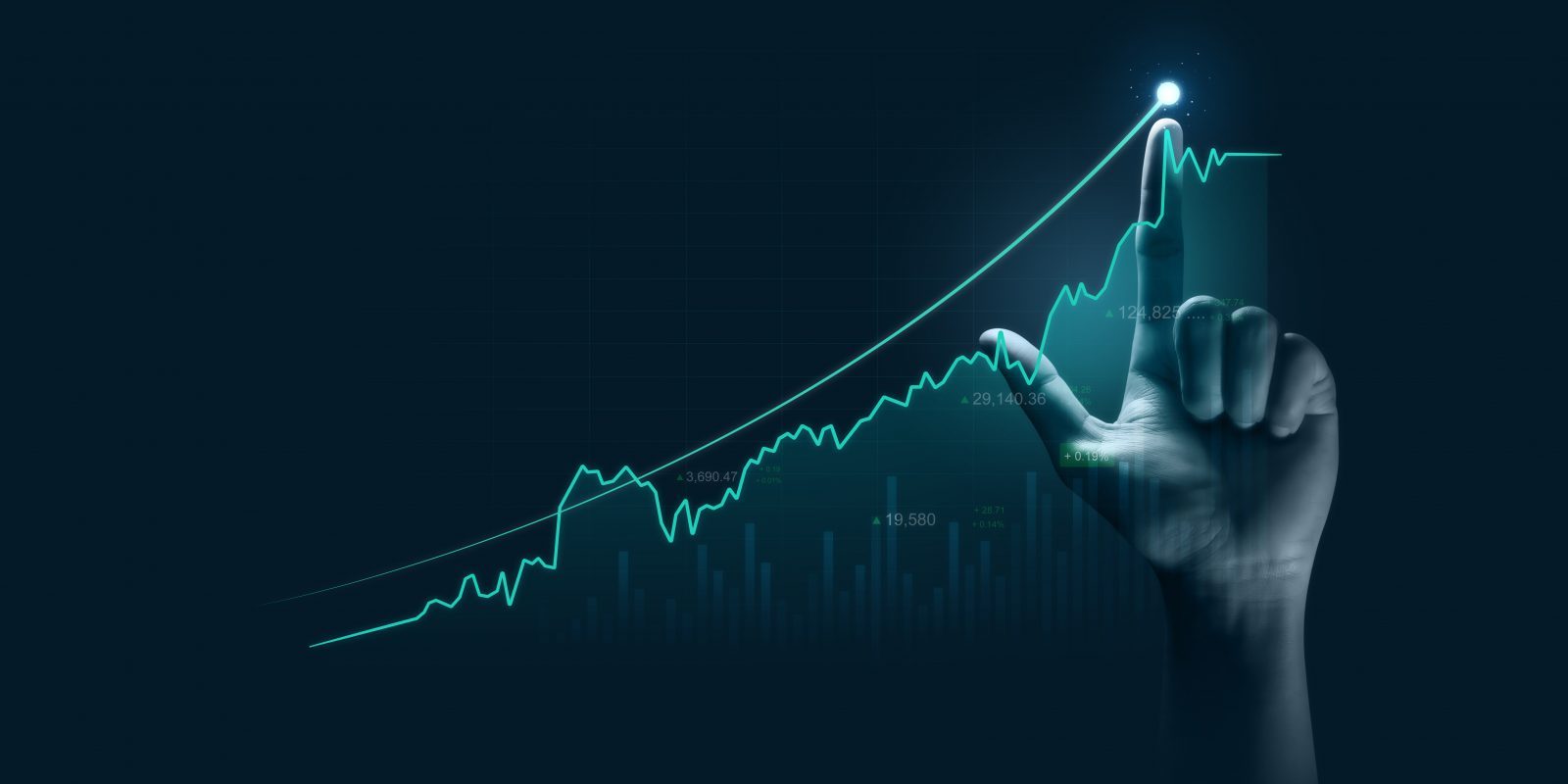 Businessman hand pointing finger to growth success finance business chart of metaverse technology financial graph investment diagram on analysis stock market background with digital economy exchange.