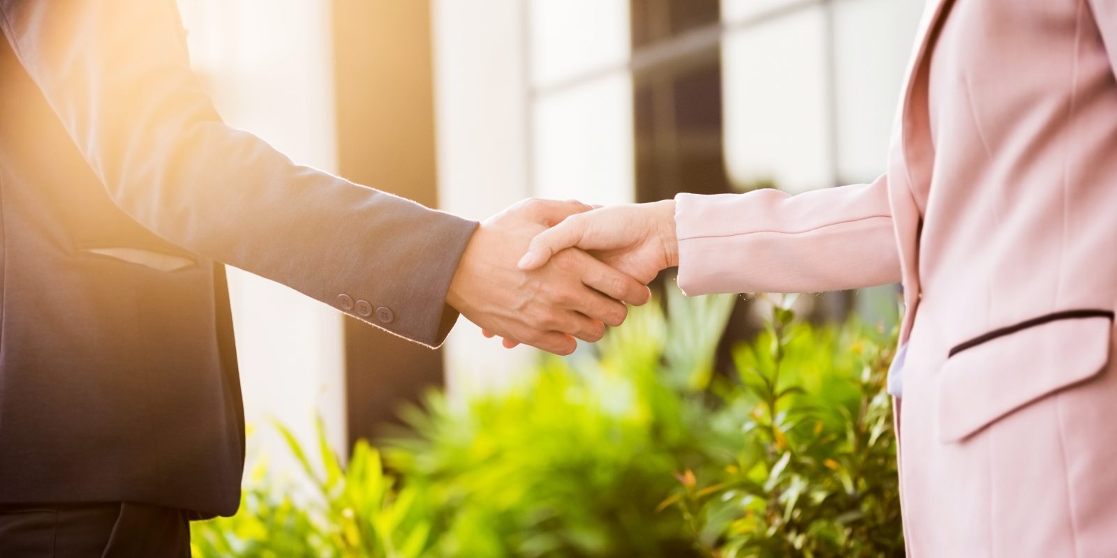 Closeup friendly meeting handshake between business woman and  businessman with sunlight.