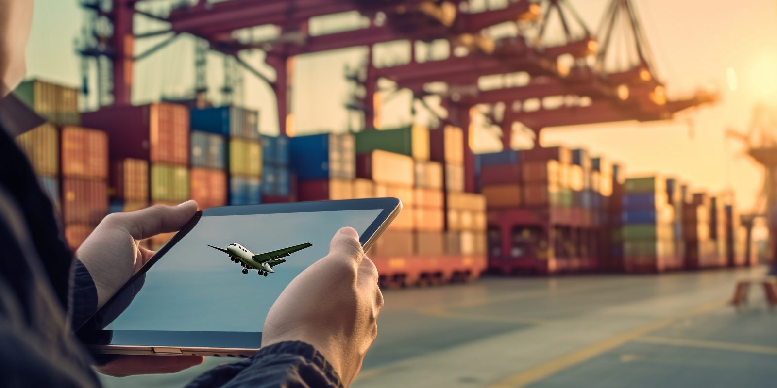 Hands holding a computer tablet against a backdrop of a ship carrying containers at a port, an aeroplane and trucks. Generative AI, International Trade, and Logistics